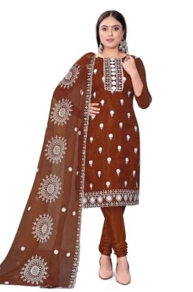 Chanderi salwar kameez marron avec broderie SK153665