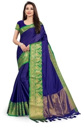 sari en soie avec tissage en bleu SR25574
