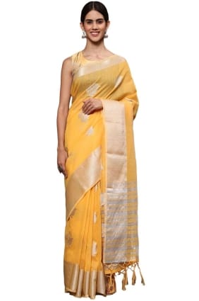 sari en soie jaune mangue en tissage SR25583