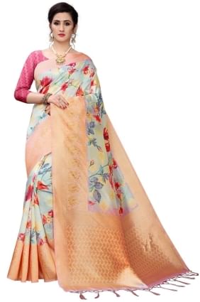 sari en soie multicolore bleu avec impression numérique SR25596