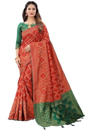 Saree en soie rouge avec tissage SR25602