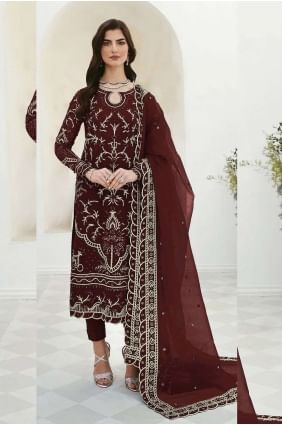 salwar kameez marron avec georgette brodée SK153707