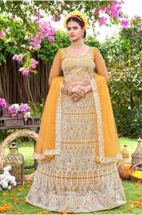 mariage lehenga choli en filet jaune avec broderie LC7314