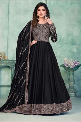costume anarkali noir en soie d’art avec brodé AS3748