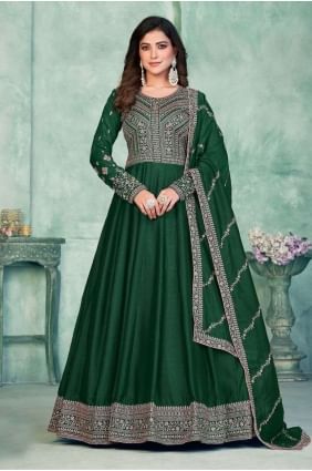 Costume Anarkali vert en soie d’art en brodé AS3749