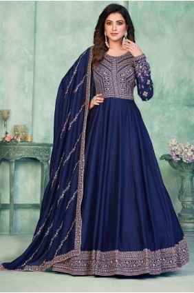 costume anarkali en soie artistique bleue avec broderies AS3750