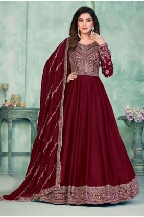Costume Anarkali marron brodé en soie d’art avec Dupatta AS3751