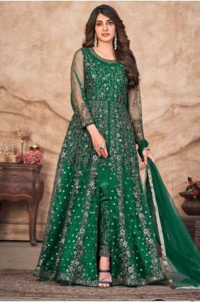 Costume Anarkali vert brodé en filet avec dupatta AS3752