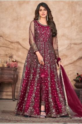 costume anarkali rouge en filet brodé AS3755