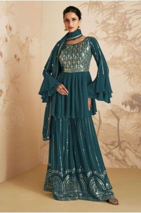Costume Sharara en mousseline de soie chinon bleu aqua avec brodé SS1083