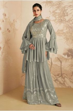 costume sharara en mousseline de soie chinon brodée - Gris SS1085
