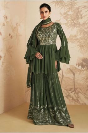 costume sharara brodé en mousseline de soie chinon vert mehndi avec dupatta SS1086