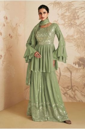 costume sharara vert pista en mousseline de soie chinon avec broderies SS1088