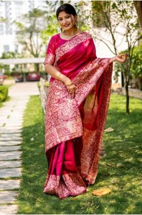 sari rose en soie brute en tissage SR25680