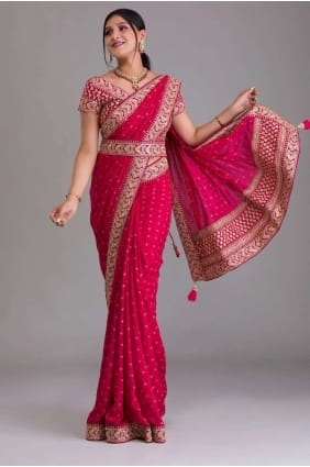 sari rose à paillettes georgette avec chemisier SR25705