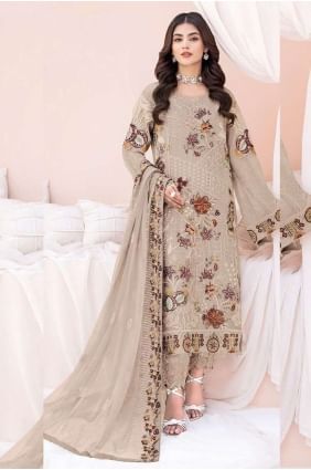 salwar kameez beige en georgette avec broderie SK153751