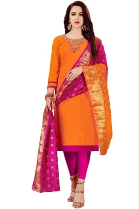 salwar kameez en soie orange avec broderie SK153760