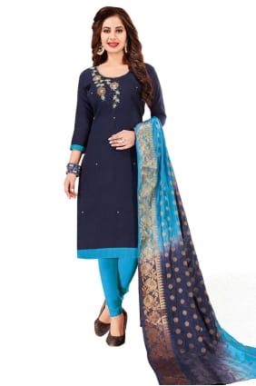 salwar kameez brodé en soie bleu marine avec dupatta SK153761