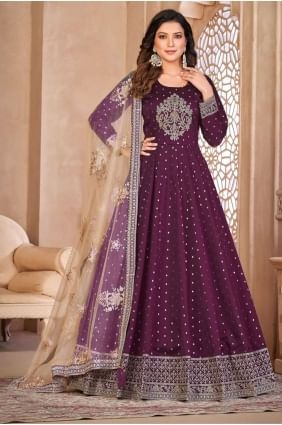 Costume Anarkali en taffetas brodé en vin avec dupatta AS3763