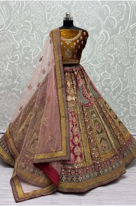 choli lehenga de mariée moutarde avec pierre avec velours moti LC7365
