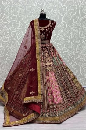 velours marron mariée lehenga choli en pierre avec moti LC7366