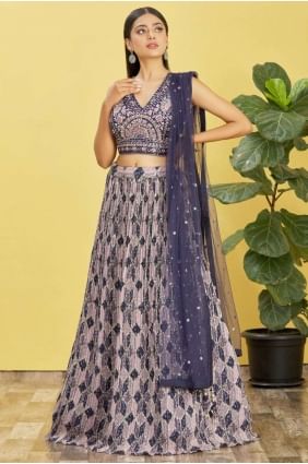 mariage lehenga choli en organza bleu avec impression numérique LC7373