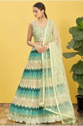 choli lehenga de mariage vert avec organza à impression numérique LC7376