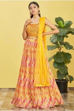 lehenga choli de mariage à impression numérique jaune en organza LC7378