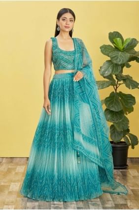 Mariage en organza lehenga choli en bleu avec impression numérique LC7379