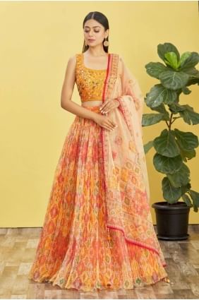 organza jaune impression numérique mariage lehenga choli avec dupatta LC7381