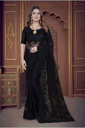 sari en filet brodé en noir SR25717