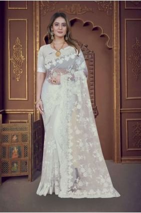 sari blanc avec filet brodé SR25718