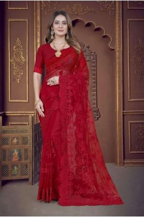 sari rouge en filet avec broderie SR25719
