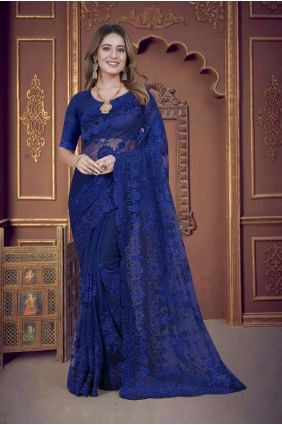 sari bleu marine en filet avec broderies SR25720
