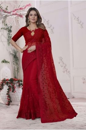 sari de mariage brodé en filet rouge SR25746