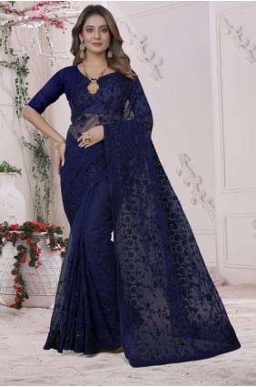 sari de mariage brodé en filet marine SR25748