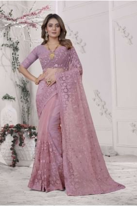 sari de mariage rose poussiéreux avec filet brodé SR25749