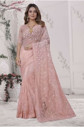 sari de mariage en filet de pêche poussiéreux brodé SR25750