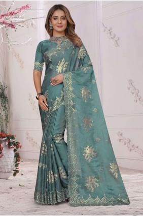 sari en organza ciel poussiéreux avec broderies SR25764