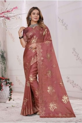 Rose peach red Organza Saree with Embroidered SR25766