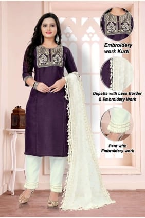 Purple Embroidered Straight Pant Suit in Cotton SK153790