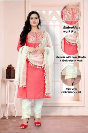 Cotton Coral pink Straight Pant Suit with Embroidered SK153793