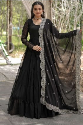robe robe noire unie en fausse georgette avec dupatta GW0685