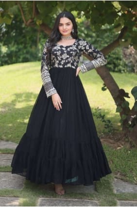 black gown dress in embroidered faux silk GW0688