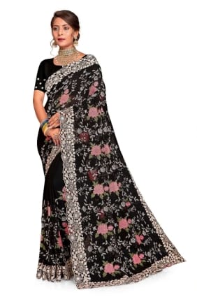 Sari noir brodé Georgette SR25895