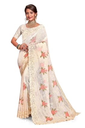 off white georgette sari with embroidered SR25896