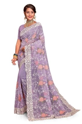 georgette sari with embroidered in lavender SR25898