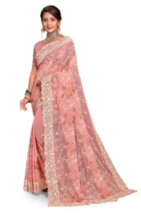 Saree pêche brodé de Georgette SR25900