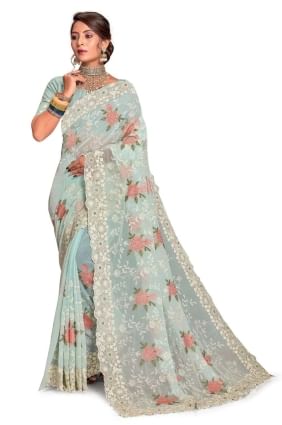 embroidered georgette mint  sari with blouse SR25902
