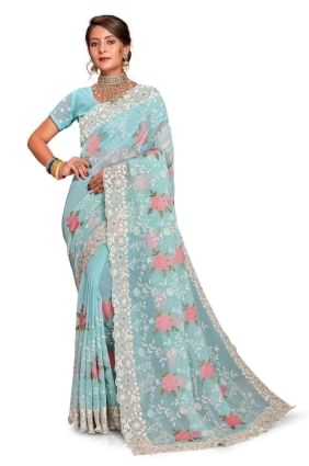 sari en georgette vert d’eau avec brodé SR25904